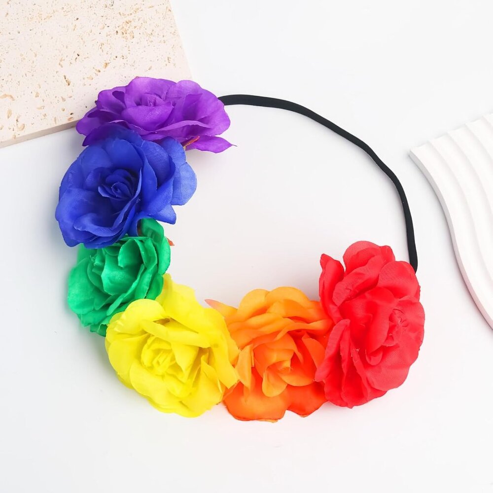 Rainbow Rose Floral Crown Headband for Women, Gay Pride Day Boho Outfits Party S - Picture 7 of 7